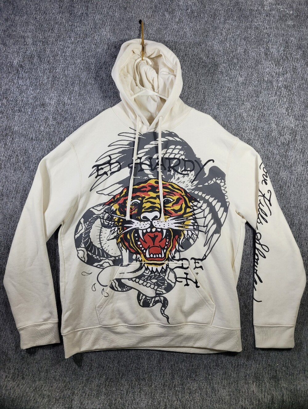 Ed Hardy Tiger Snake Hoodie Cream White Pullover Sweatshirt Mens Fits XL No Tag